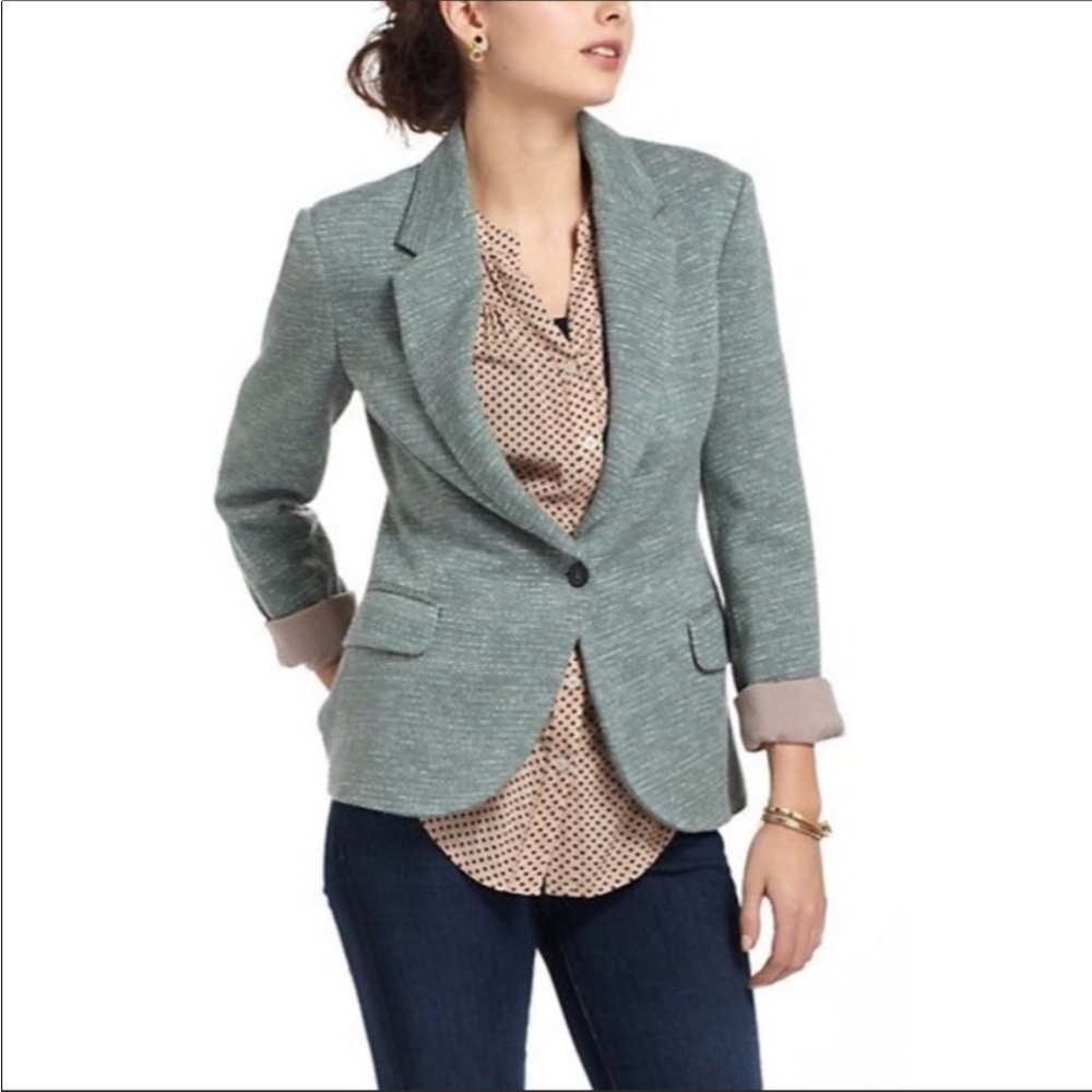 Anthropologie Green Blazer with Pockets and Boho Print Inner